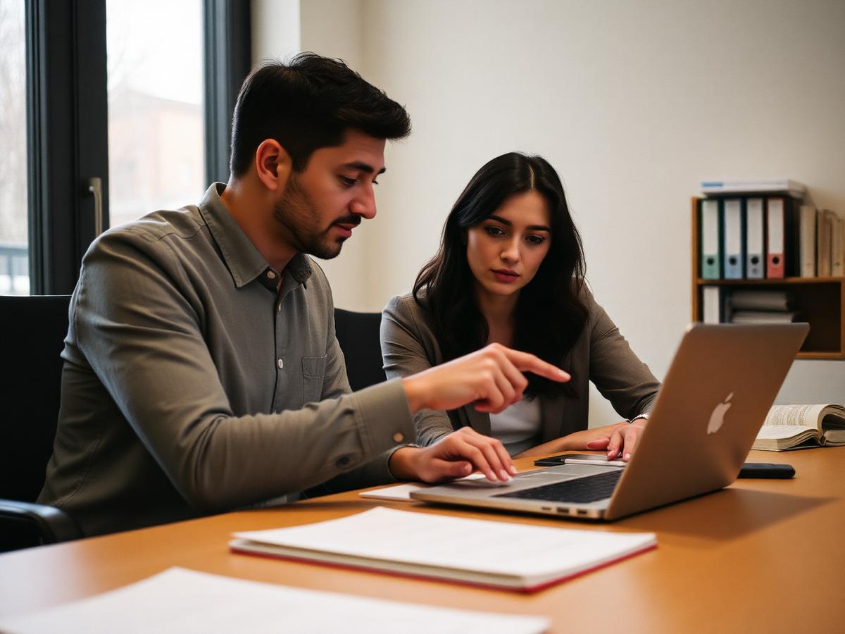 Two colleagues reviewing copy together on a laptop