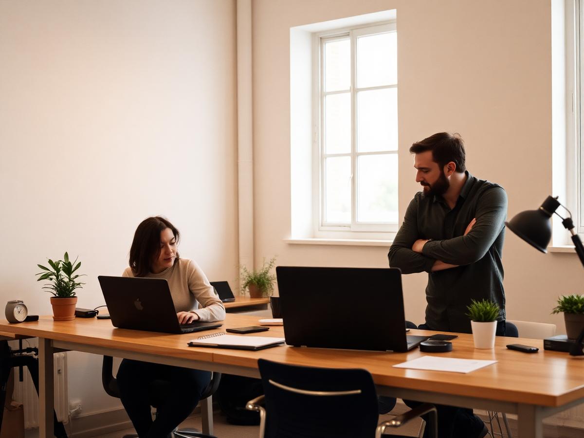 Two founders working in a bright studio office