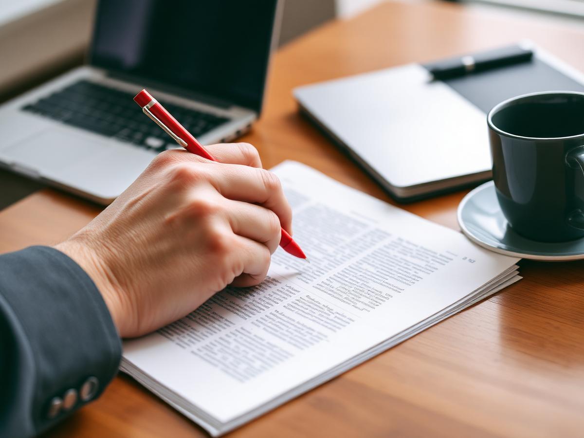 Hands marking up a printed article with a red pen