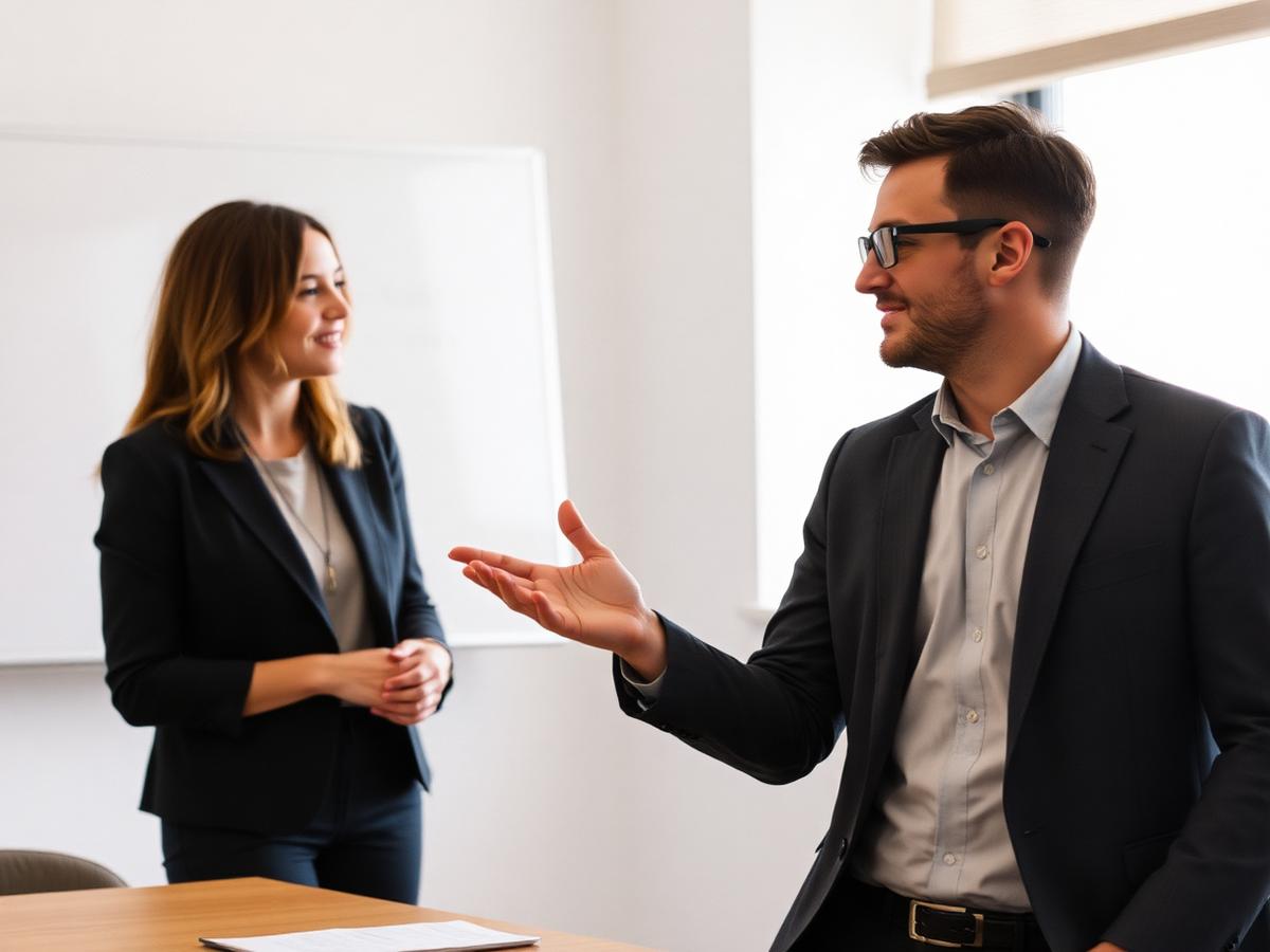 Communications lead in conversation with a colleague