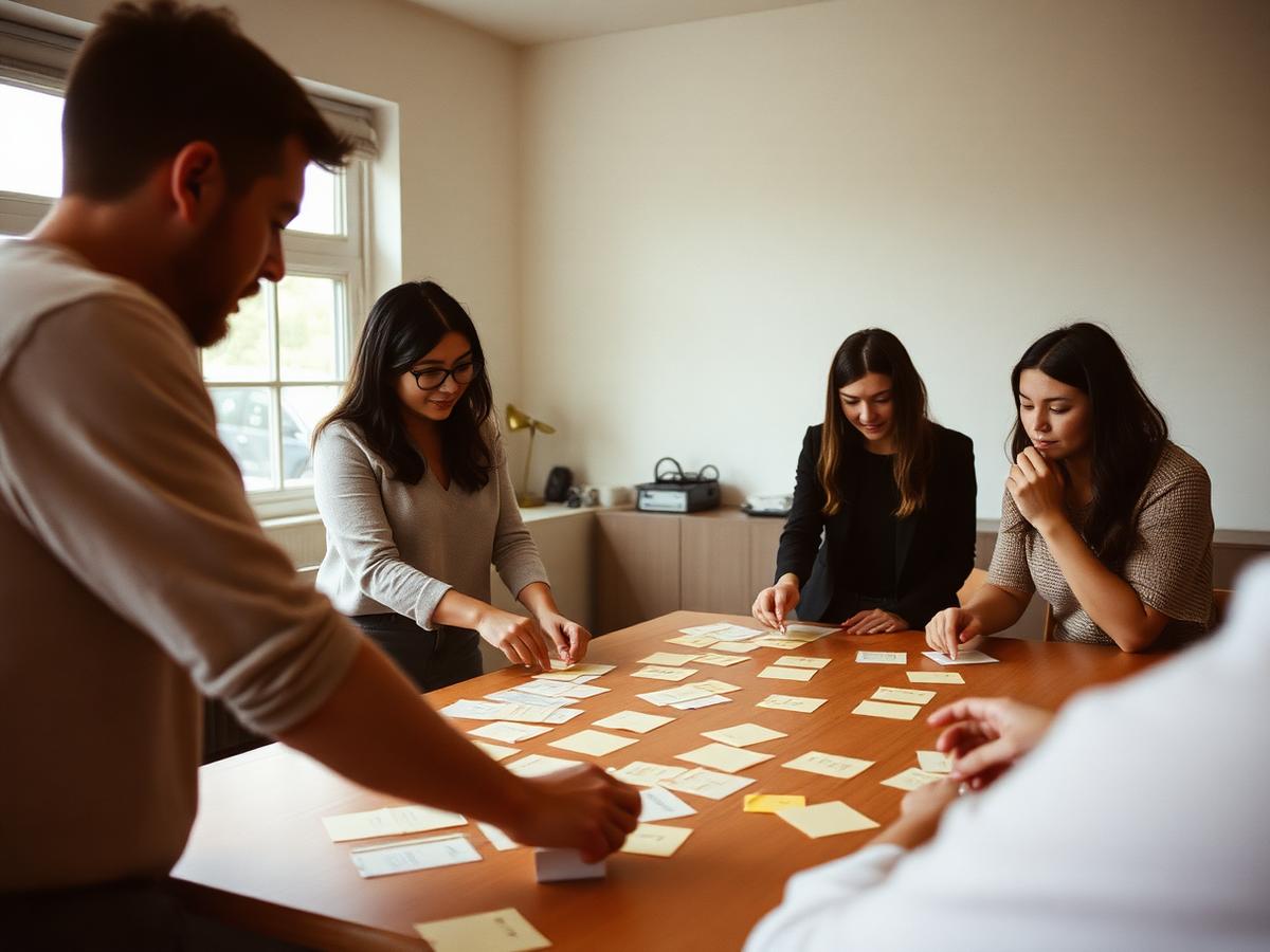 Team arranging cards on a table into a working process